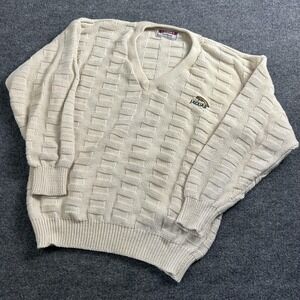 Carnet Sweater Mens Large White Textured Knit V Neck Jaguar Car Logo Pullover